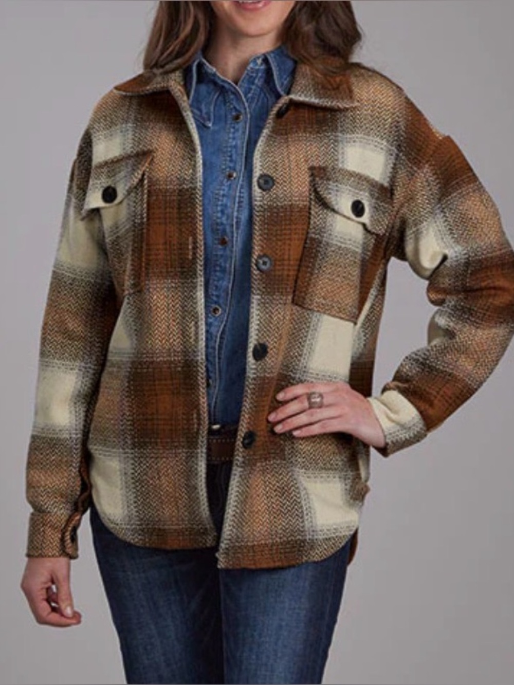 Roper Sz S  Women’s Brown and Cream Plaid Shacket
